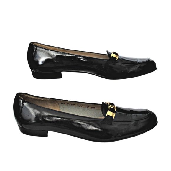 VTG Salvatore Ferragamo Loafer Black Patent Leather Gold Chain Accent Size 10 4A - Picture 11 of 12